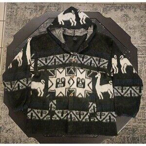 Vintage 80s Inca Artesanias Fleece Cardigan Jacket Peruvian Alpaca Llama Aztec